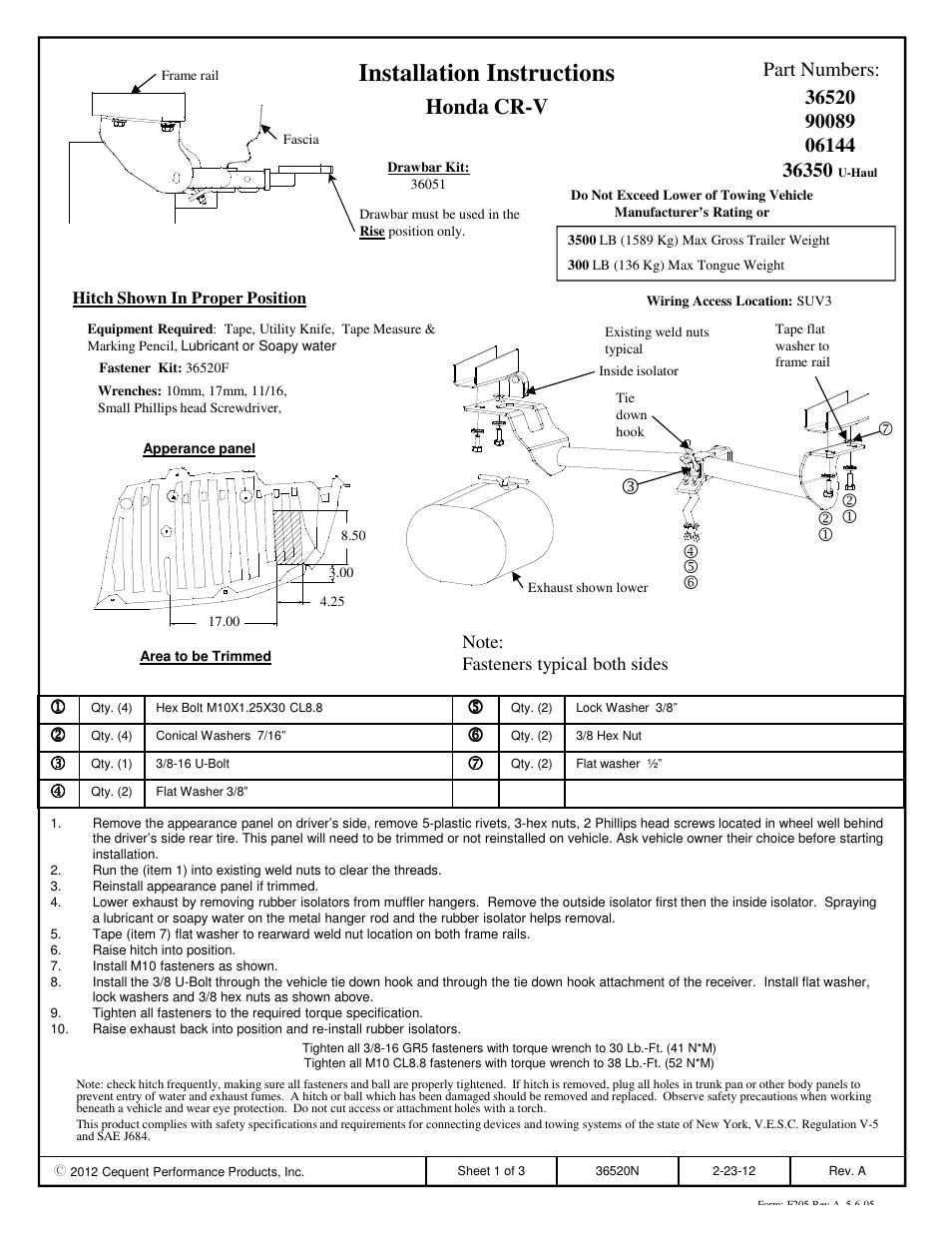 Draw-Tite 36520 FRAME HITCH User Manual | 3 pages