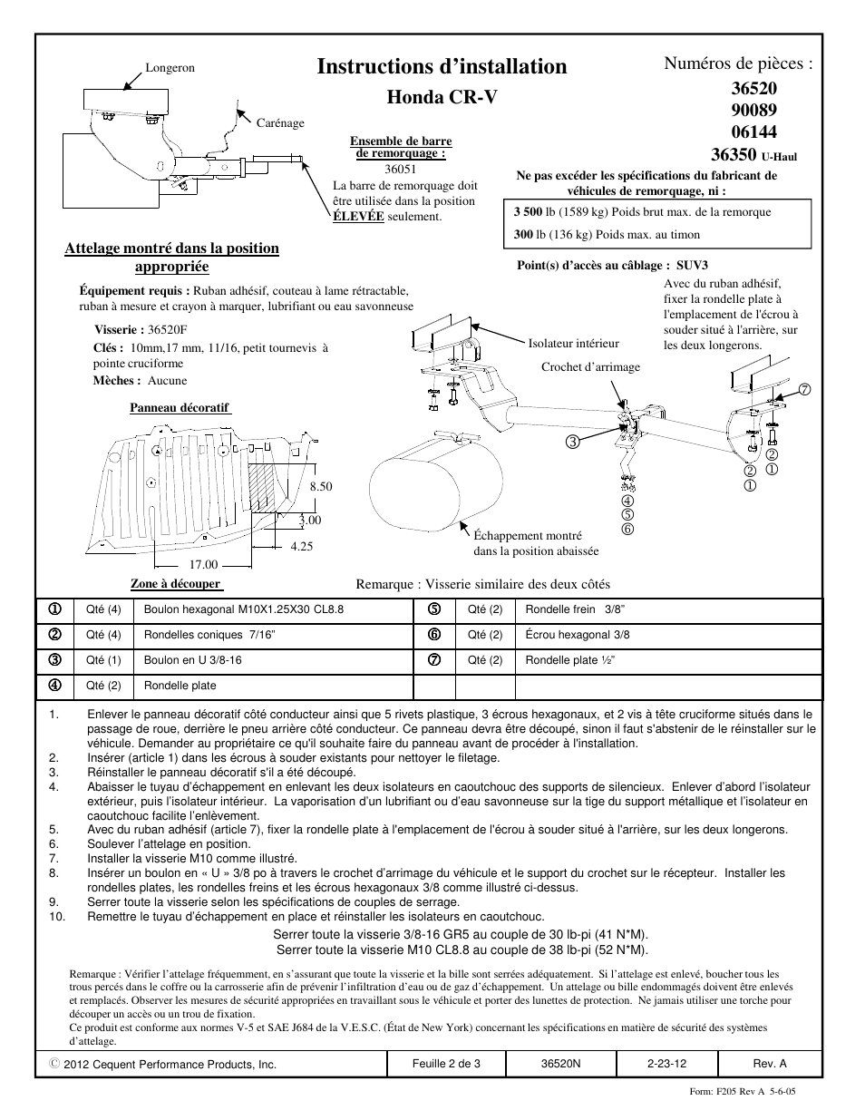Instructions d’installation, Honda cr-v, Numéros de pièces | Draw-Tite 36520 FRAME HITCH User Manual | Page 2 / 3