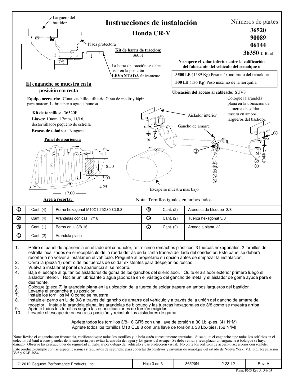 Instrucciones de instalación, Honda cr-v, Números de partes | Draw-Tite 36520 FRAME HITCH User Manual | Page 3 / 3