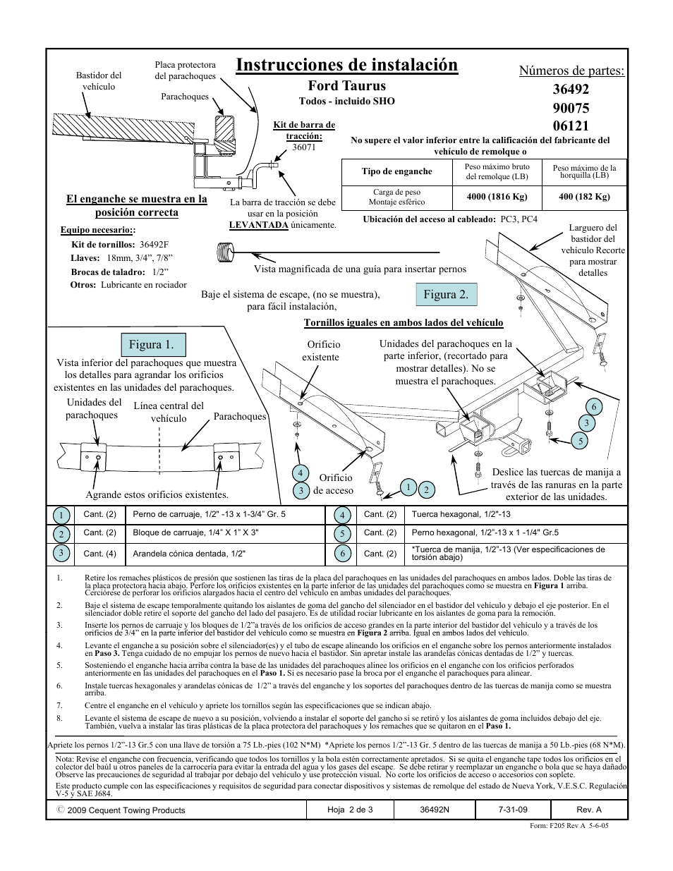 Instrucciones de instalación, Ford taurus, Números de partes | Figura 2, Figura 1 | Draw-Tite 36492 FRAME HITCH User Manual | Page 2 / 3