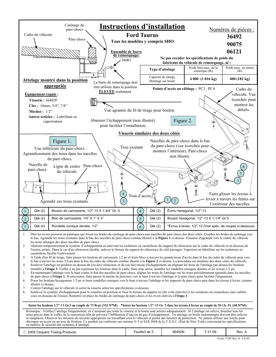 Instructions d’installation, Ford taurus, Numéros de pièces | Figure 2, Figure 1 | Draw-Tite 36492 FRAME HITCH User Manual | Page 3 / 3