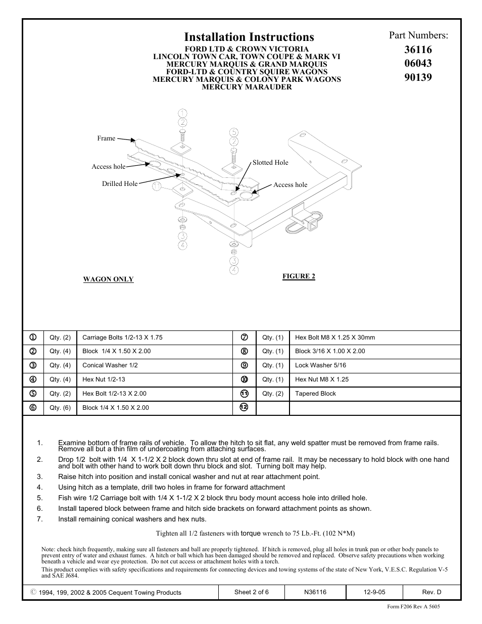 Installation instructions, Part numbers | Draw-Tite 36116 FRAME HITCH User Manual | Page 2 / 6