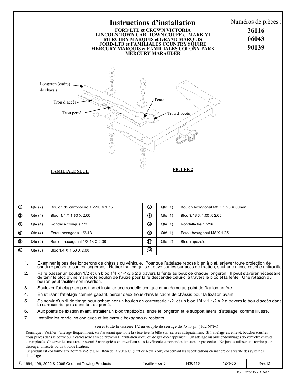 Instructions d’installation, Numéros de pièces | Draw-Tite 36116 FRAME HITCH User Manual | Page 4 / 6