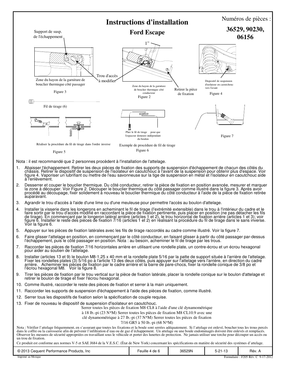 Instructions d'installation, Ford escape, Numéros de pièces | Draw-Tite 36529 FRAME HITCH User Manual | Page 4 / 6