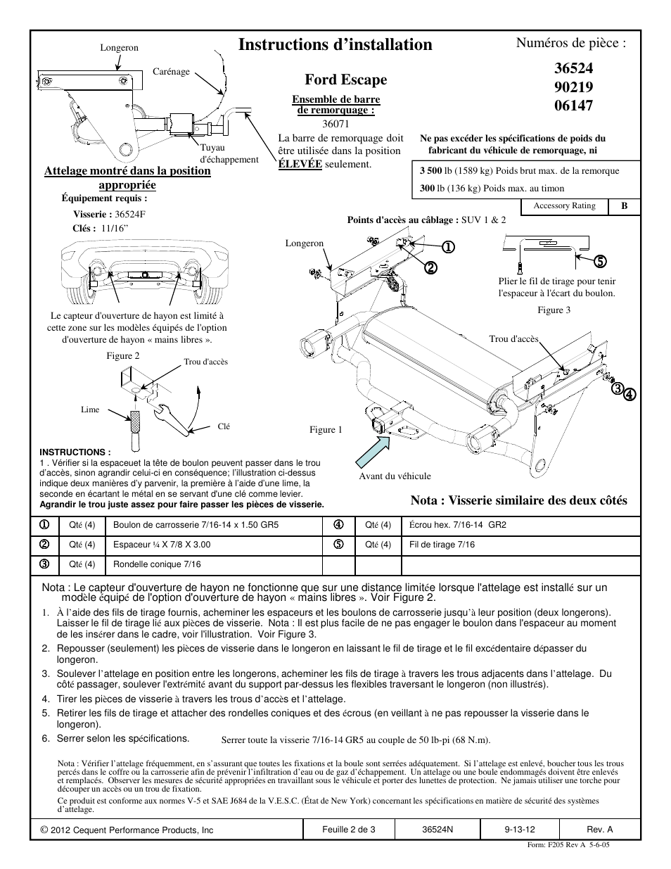 Instructions d’installation, Ford escape, Numéros de pièce | Draw-Tite 36524 FRAME HITCH User Manual | Page 2 / 3