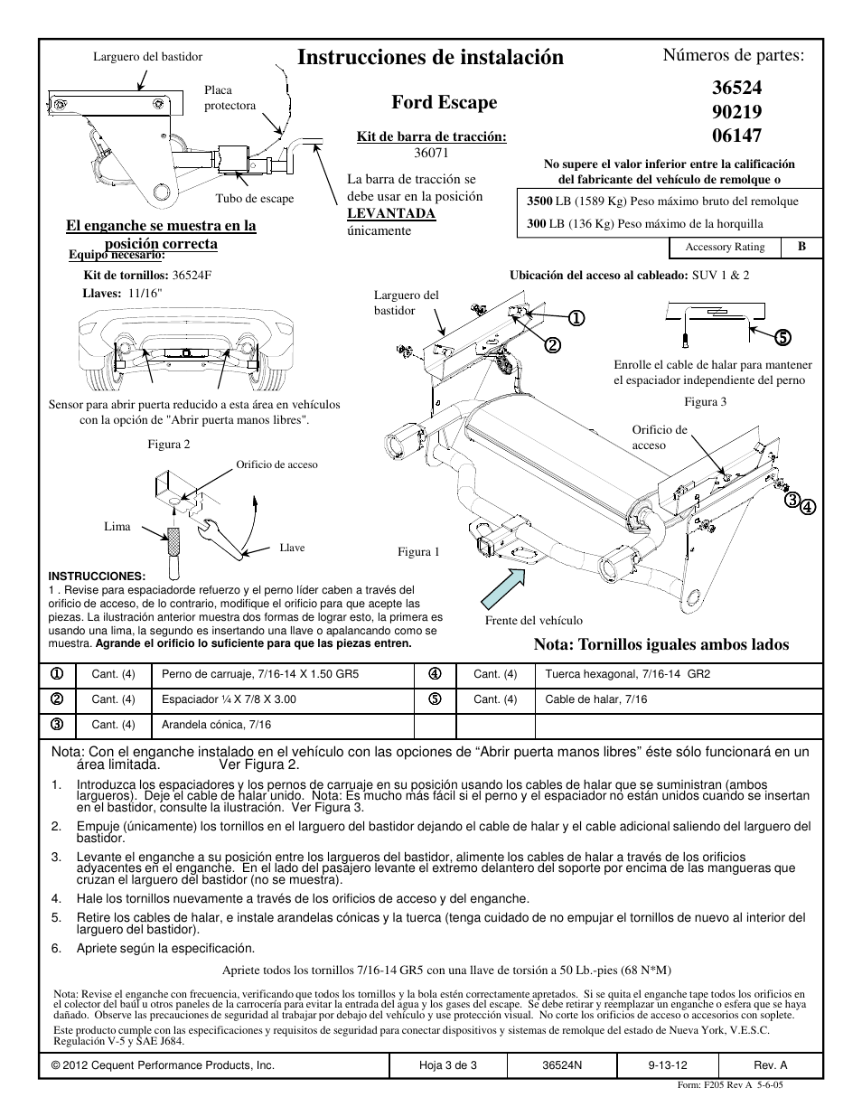 Instrucciones de instalación, Ford escape, Números de partes | Draw-Tite 36524 FRAME HITCH User Manual | Page 3 / 3