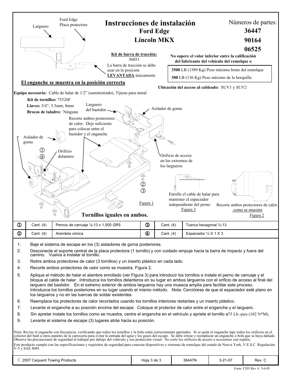 Instrucciones de instalación, Ford edge lincoln mkx, Números de partes | Draw-Tite 36447 FRAME HITCH User Manual | Page 3 / 3