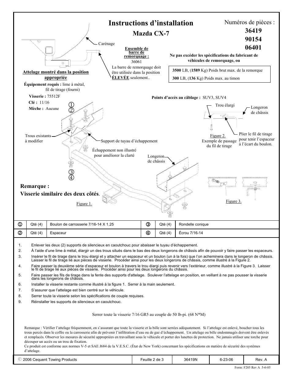 Instructions d’installation, Mazda cx-7, Numéros de pièces | Remarque : visserie similaire des deux côtés | Draw-Tite 36419 FRAME HITCH User Manual | Page 2 / 3