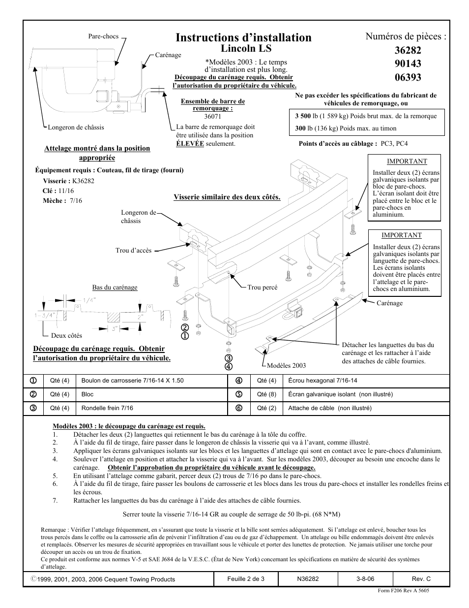 Instructions d’installation, Lincoln ls, Numéros de pièces | Draw-Tite 36282 FRAME HITCH User Manual | Page 2 / 3