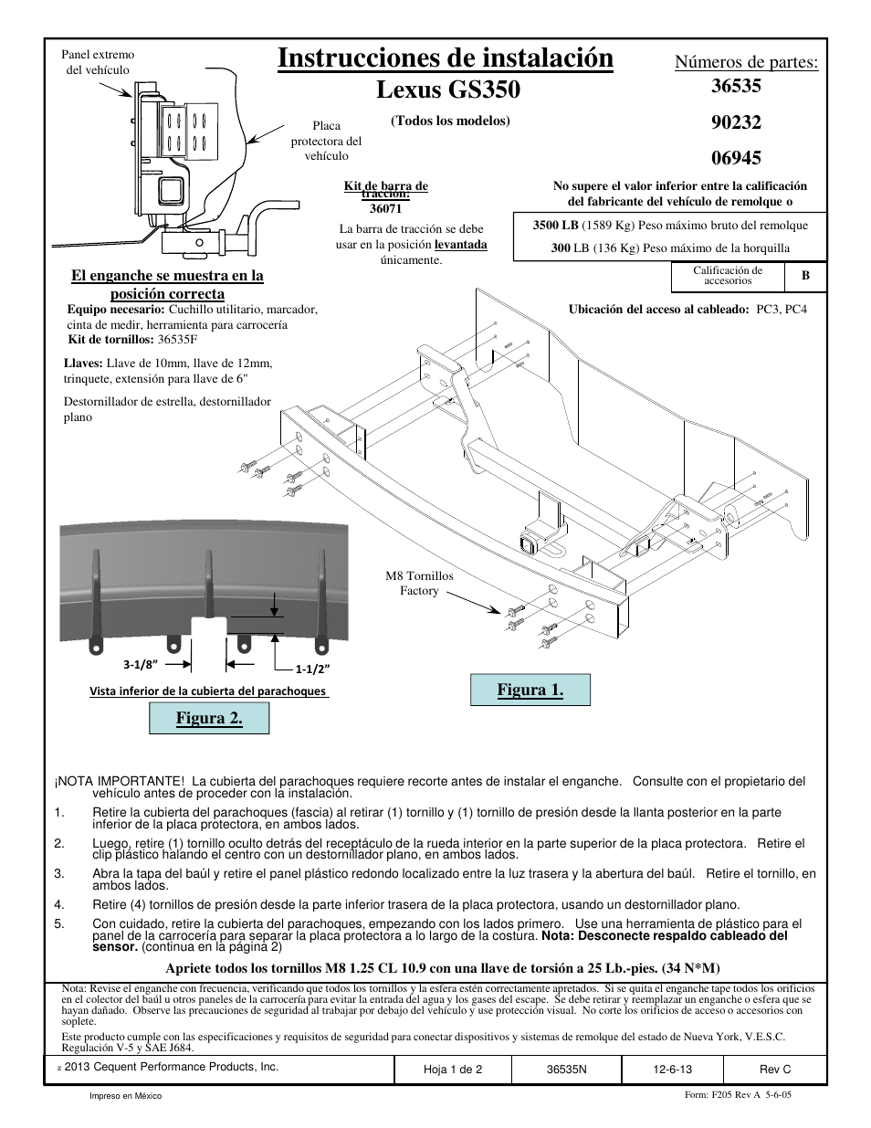 Instrucciones de instalación, Lexus gs350, Números de partes | Draw-Tite 36535 FRAME HITCH User Manual | Page 5 / 6