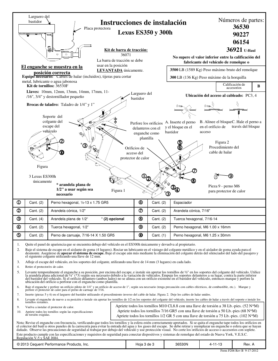 Instrucciones de instalación, Números de partes | Draw-Tite 36530 FRAME HITCH User Manual | Page 3 / 3