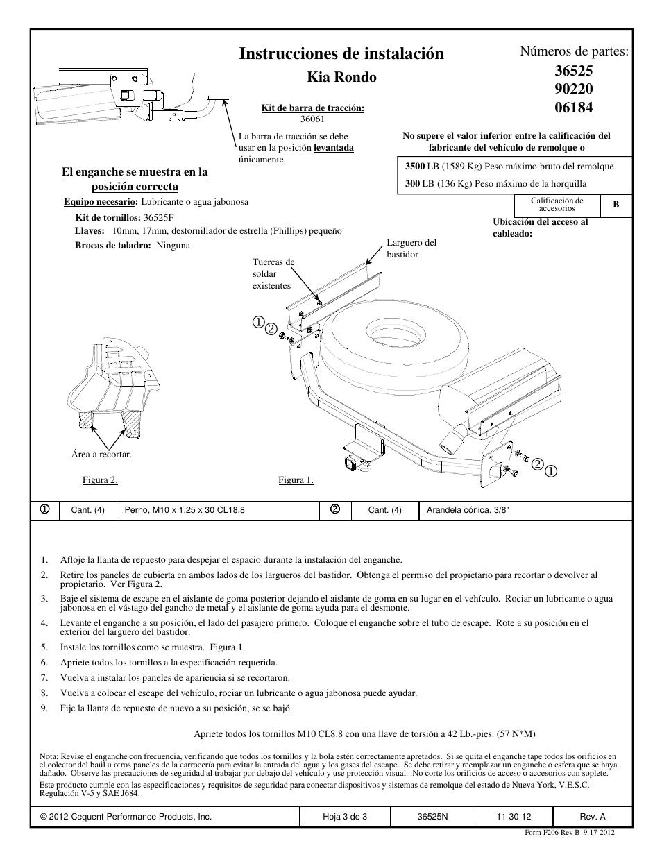 Instrucciones de instalación, Kia rondo, Números de partes | Draw-Tite 36525 FRAME HITCH User Manual | Page 3 / 3