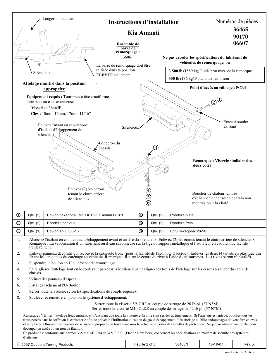 Instructions d’installation kia amanti | Draw-Tite 36465 FRAME HITCH User Manual | Page 2 / 3