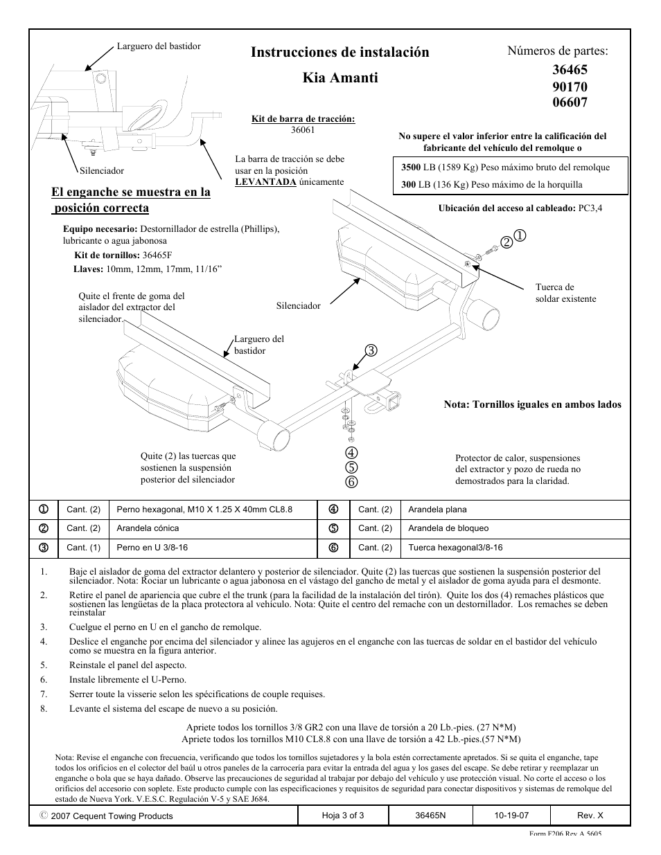 Instrucciones de instalación kia amanti | Draw-Tite 36465 FRAME HITCH User Manual | Page 3 / 3