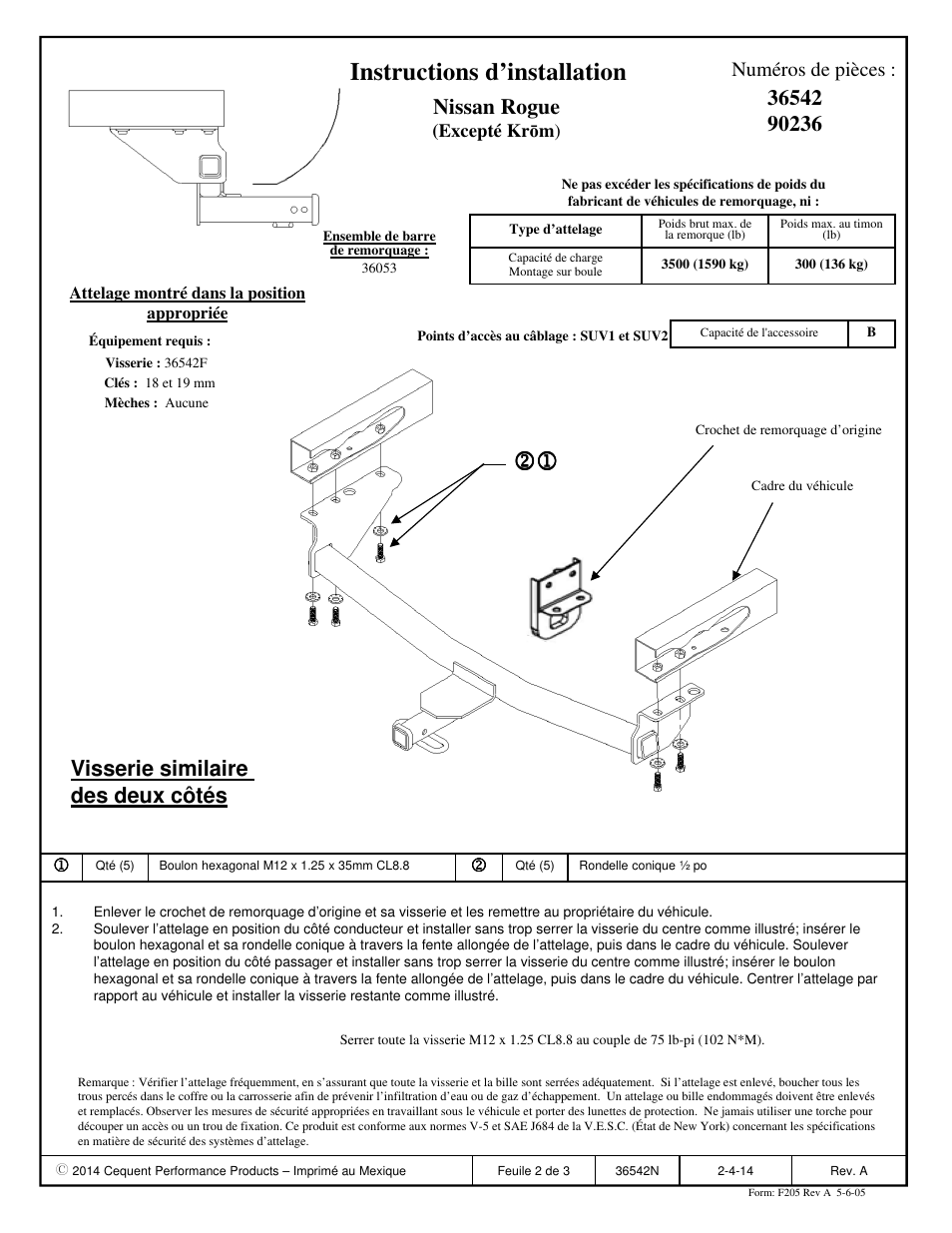 Instructions d’installation, Visserie similaire des deux côtés, Nissan rogue | Numéros de pièces | Draw-Tite 36542 FRAME HITCH User Manual | Page 2 / 3