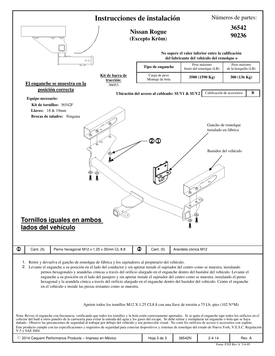 Instrucciones de instalación, Tornillos iguales en ambos lados del vehículo, Nissan rogue | Números de partes | Draw-Tite 36542 FRAME HITCH User Manual | Page 3 / 3