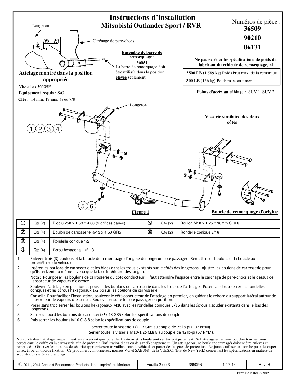 Instructions d’installation, Mitsubishi outlander sport / rvr, Numéros de pièce | Draw-Tite 36509 FRAME HITCH User Manual | Page 2 / 3