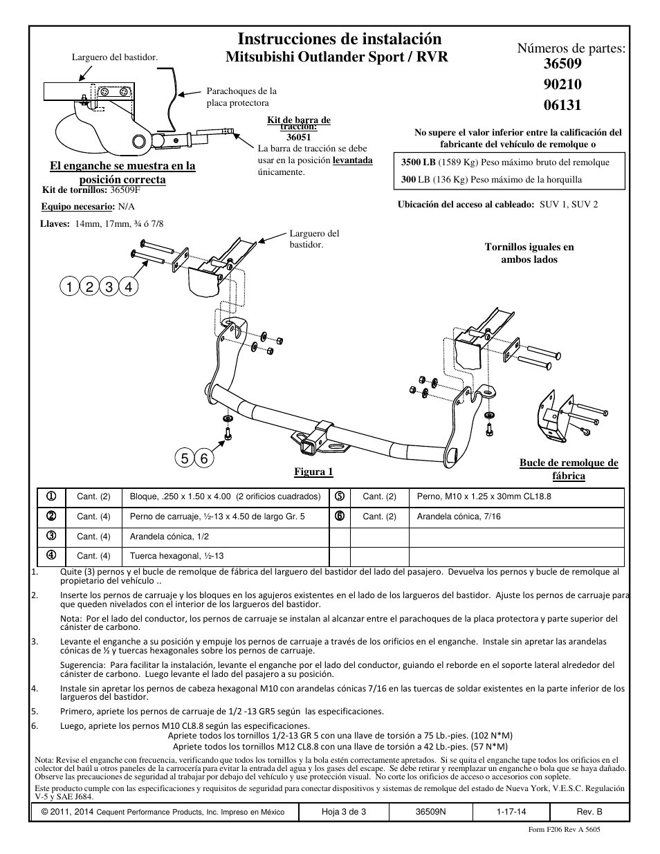 Instrucciones de instalación, Mitsubishi outlander sport / rvr, Números de partes | Draw-Tite 36509 FRAME HITCH User Manual | Page 3 / 3