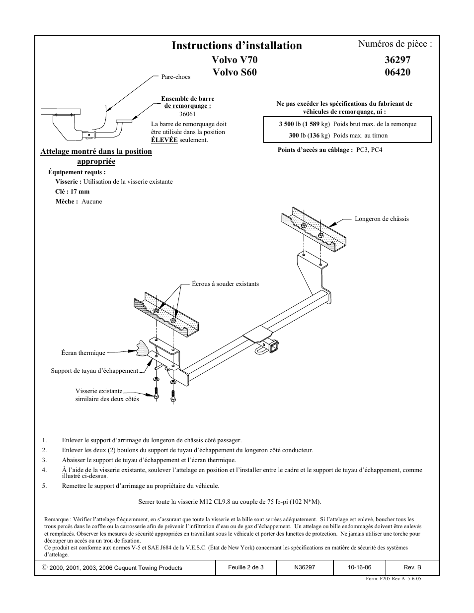 Instructions d’installation, Volvo v70 volvo s60, Numéros de pièce | Draw-Tite 36297 FRAME HITCH User Manual | Page 2 / 3