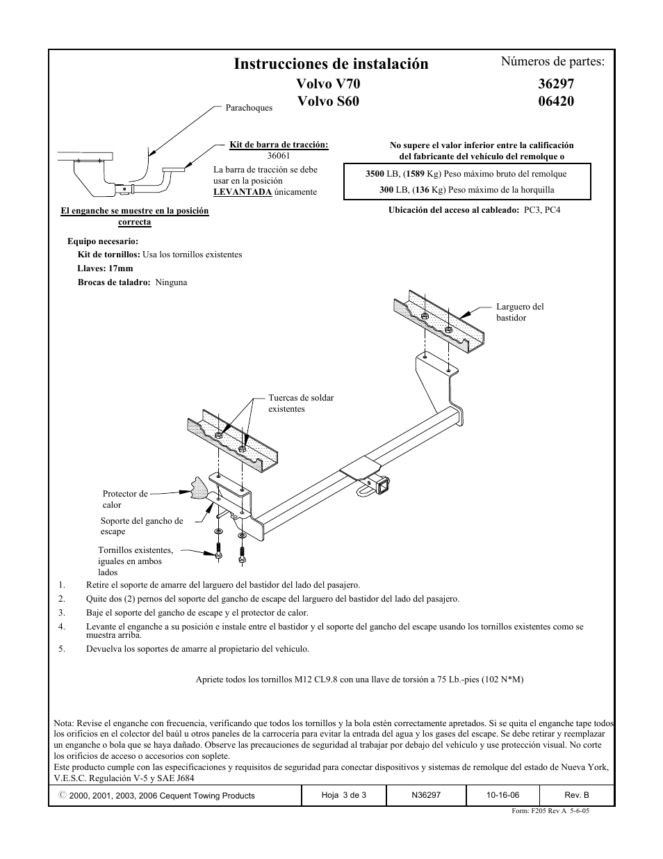 Instrucciones de instalación, Volvo v70 volvo s60, Números de partes | Draw-Tite 36297 FRAME HITCH User Manual | Page 3 / 3