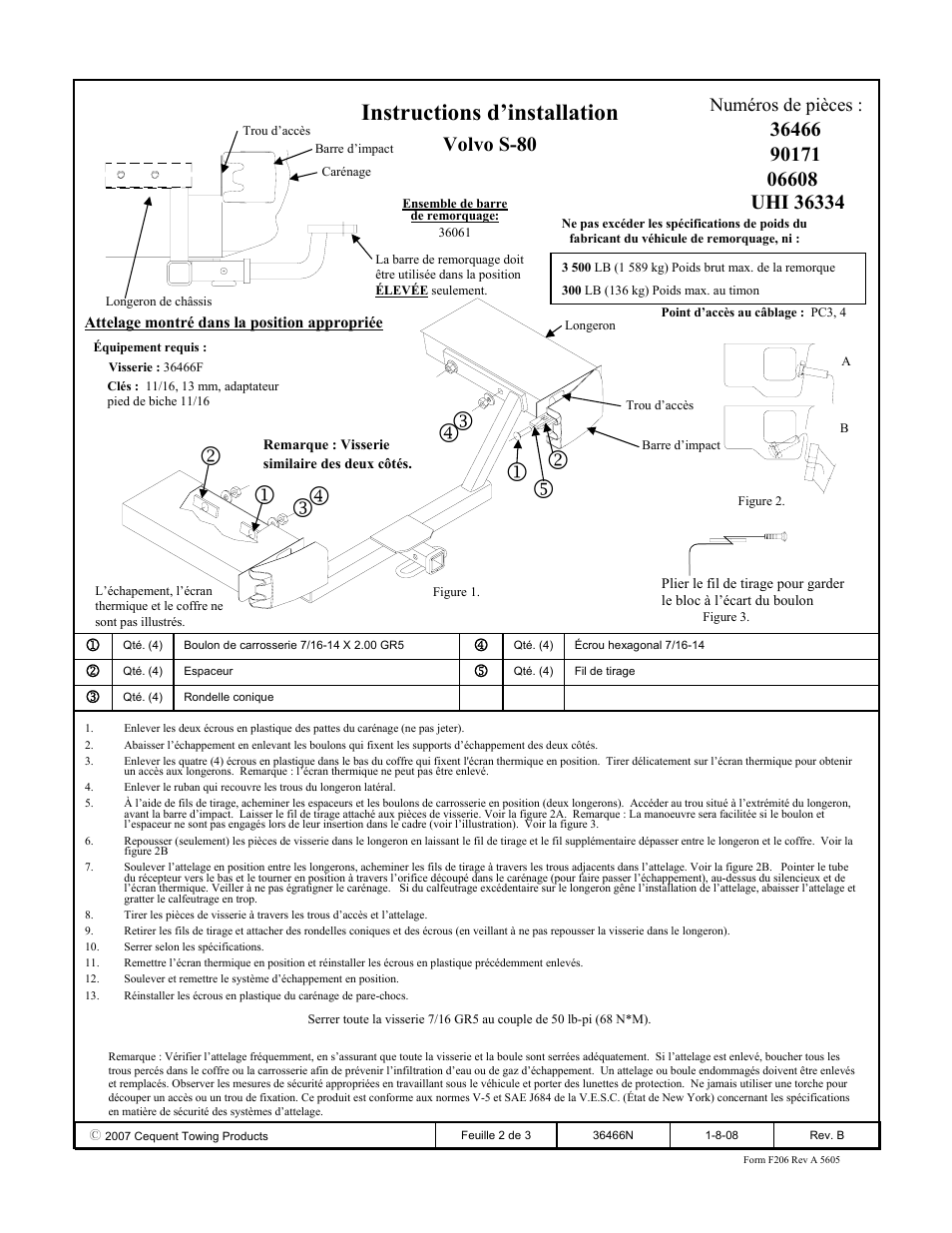 Instructions d’installation, Volvo s-80, Numéros de pièces | Draw-Tite 36466 FRAME HITCH User Manual | Page 2 / 3
