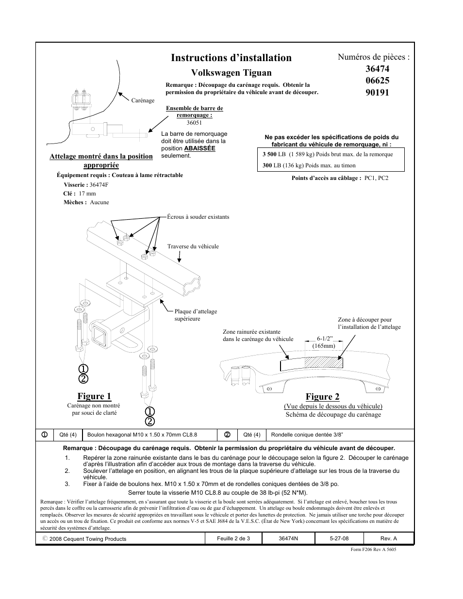 Instructions d’installation, Volkswagen tiguan, Figure 2 | Figure 1, Numéros de pièces | Draw-Tite 36474 FRAME HITCH User Manual | Page 2 / 3