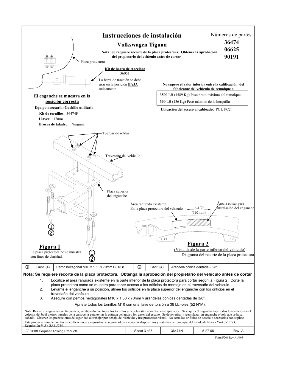 Instrucciones de instalación, Volkswagen tiguan, Figura 2 | Figura 1, Números de partes | Draw-Tite 36474 FRAME HITCH User Manual | Page 3 / 3