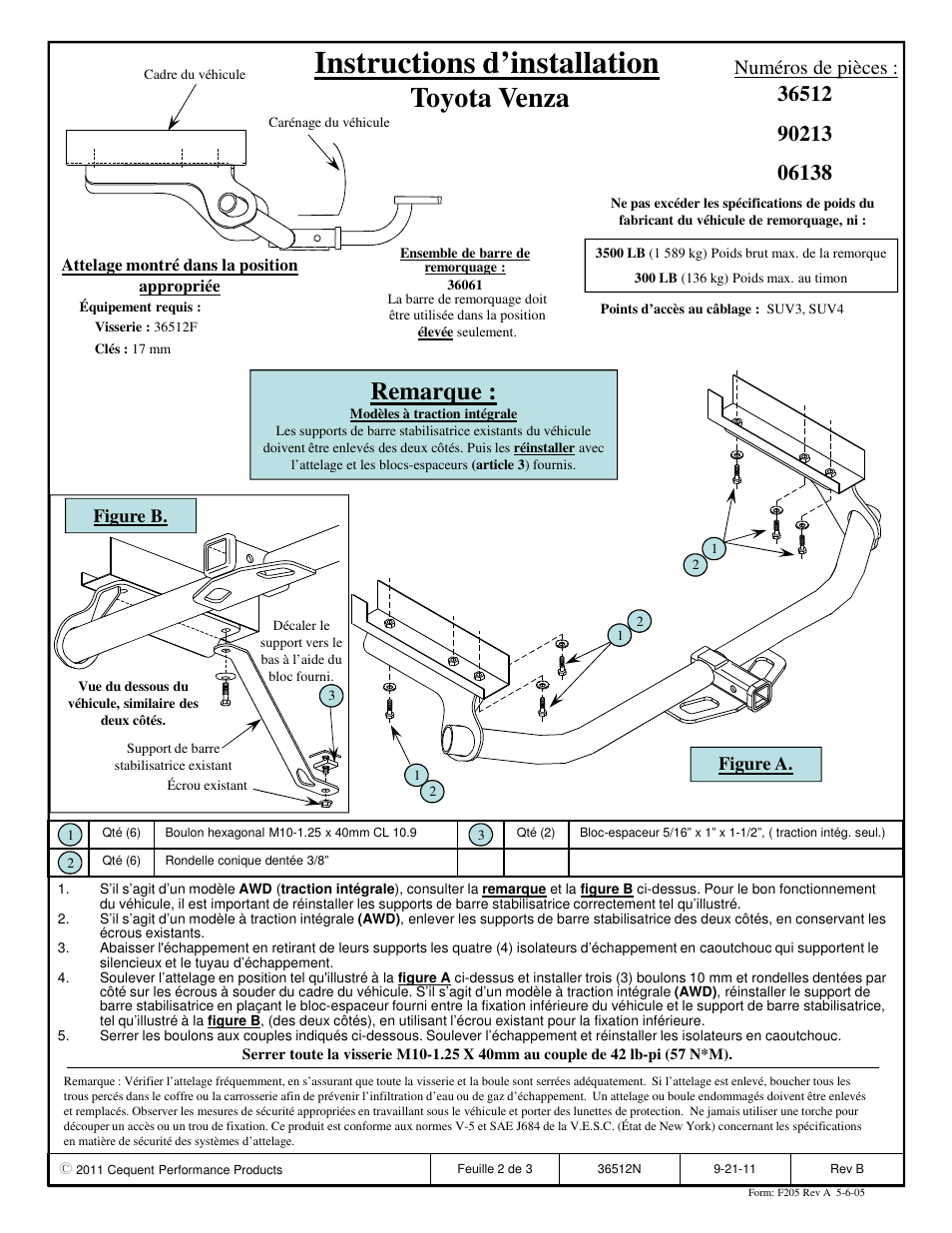 Instructions d’installation, Toyota venza, Remarque | Numéros de pièces | Draw-Tite 36512 FRAME HITCH User Manual | Page 2 / 3