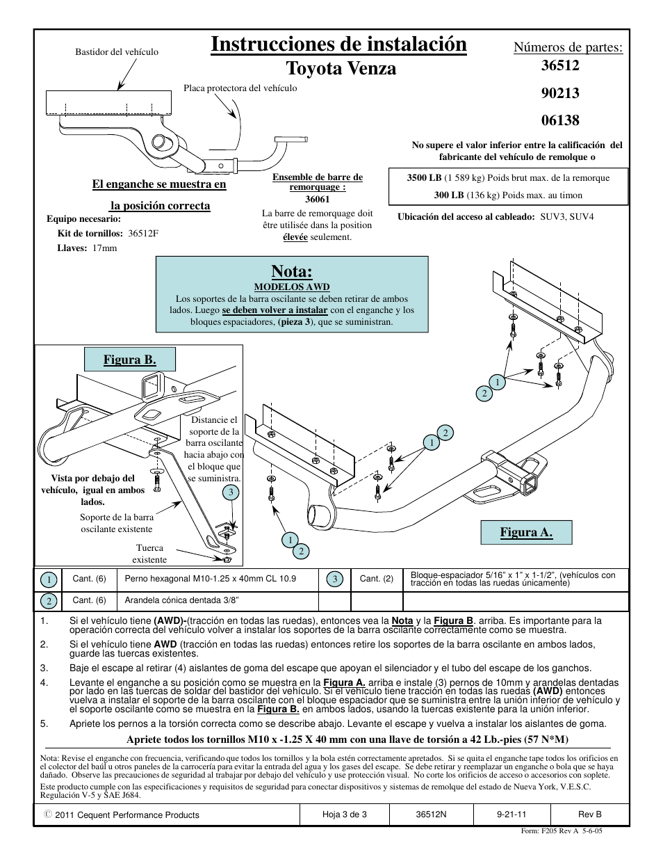 Instrucciones de instalación, Toyota venza, Nota | Números de partes, Figura b, Figura a | Draw-Tite 36512 FRAME HITCH User Manual | Page 3 / 3