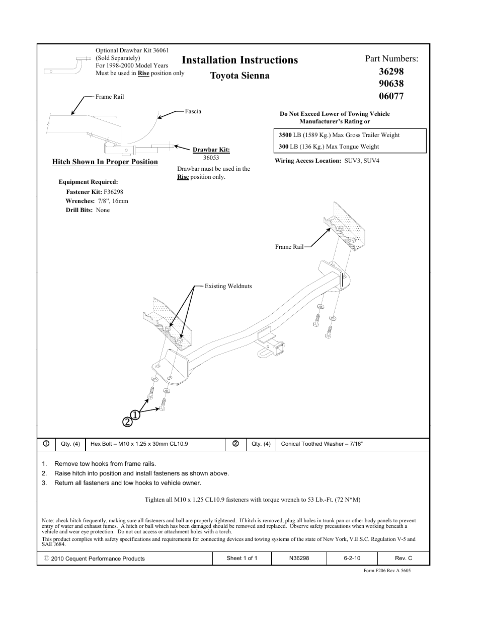 Draw-Tite 36298 FRAME HITCH User Manual | 1 page