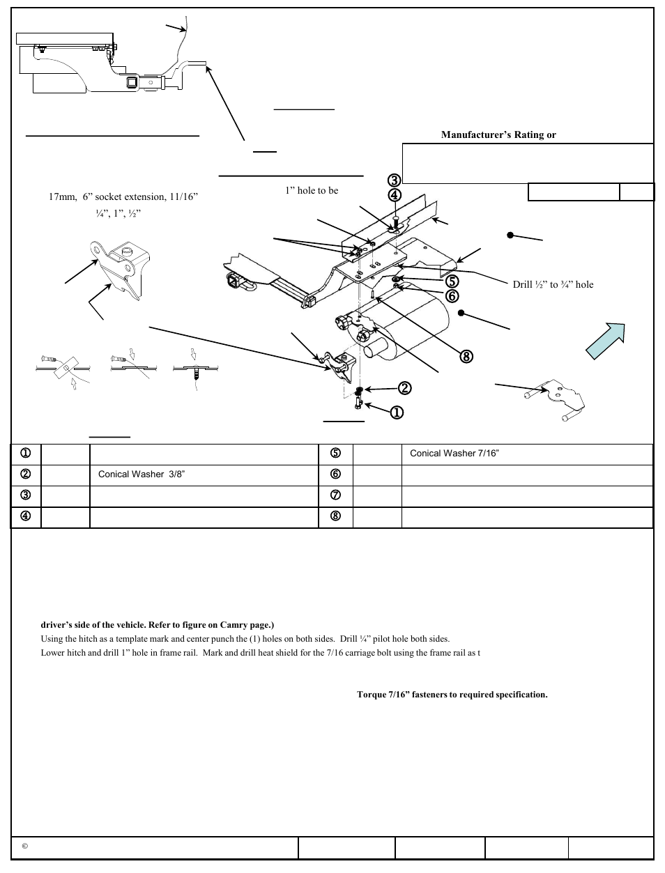 Installation instructions, Toyota camry, Toyota avalon | Toyota avalon install, Part numbers | Draw-Tite 36540 FRAME HITCH User Manual | Page 2 / 6