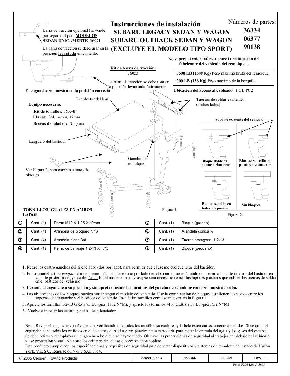 Instrucciones de instalación, Números de partes | Draw-Tite 36334 FRAME HITCH User Manual | Page 3 / 3