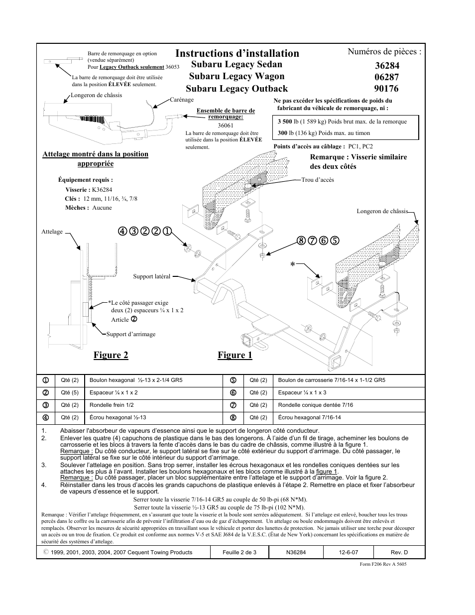 Instructions d’installation, Figure 2 figure 1, Numéros de pièces | Draw-Tite 36284 FRAME HITCH User Manual | Page 2 / 3
