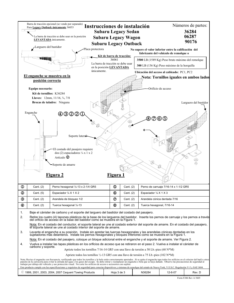 Instrucciones de instalación, Figura 2 figura 1, Números de partes | Draw-Tite 36284 FRAME HITCH User Manual | Page 3 / 3