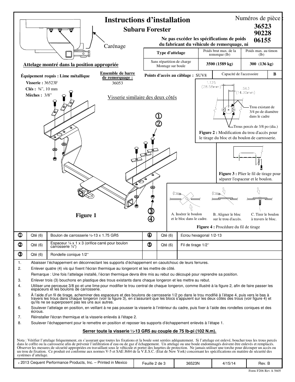 Instructions d’installation, Subaru forester, Numéros de pièce | Draw-Tite 36523 FRAME HITCH User Manual | Page 2 / 3