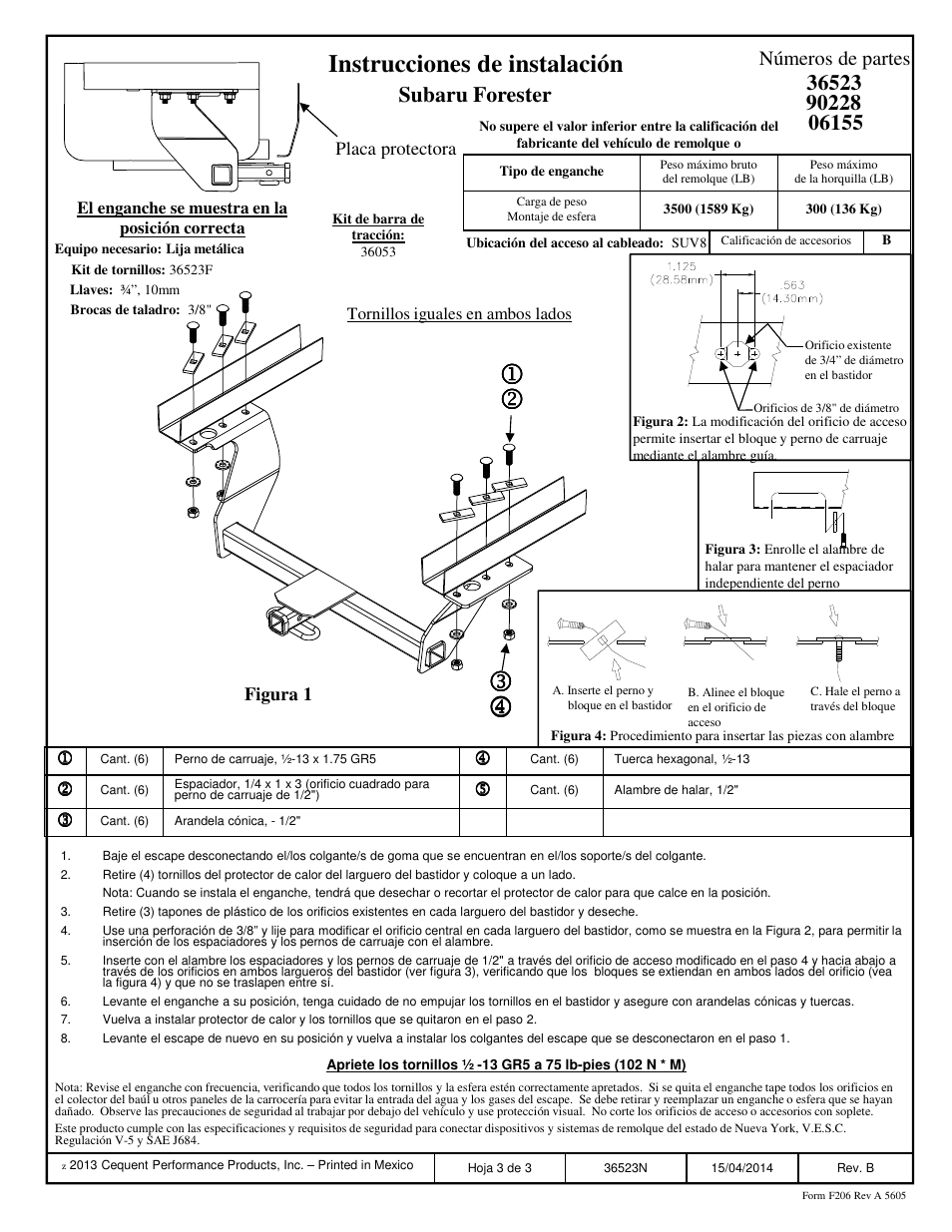 Instrucciones de instalación, Subaru forester, Números de partes | Draw-Tite 36523 FRAME HITCH User Manual | Page 3 / 3