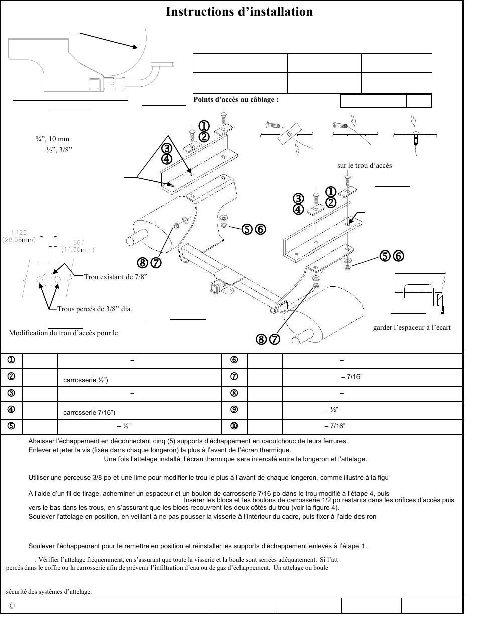 Instructions d’installation, Subaru forester, Numéros de pièces | Draw-Tite 36521 FRAME HITCH User Manual | Page 2 / 3