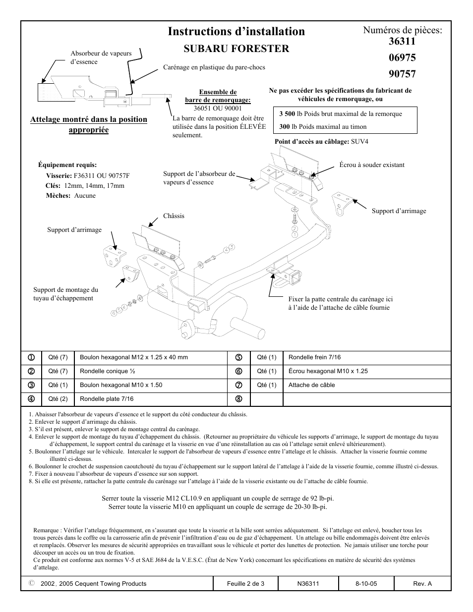Instructions d’installation, Subaru forester, Numéros de pièces | Draw-Tite 36311 FRAME HITCH User Manual | Page 2 / 3