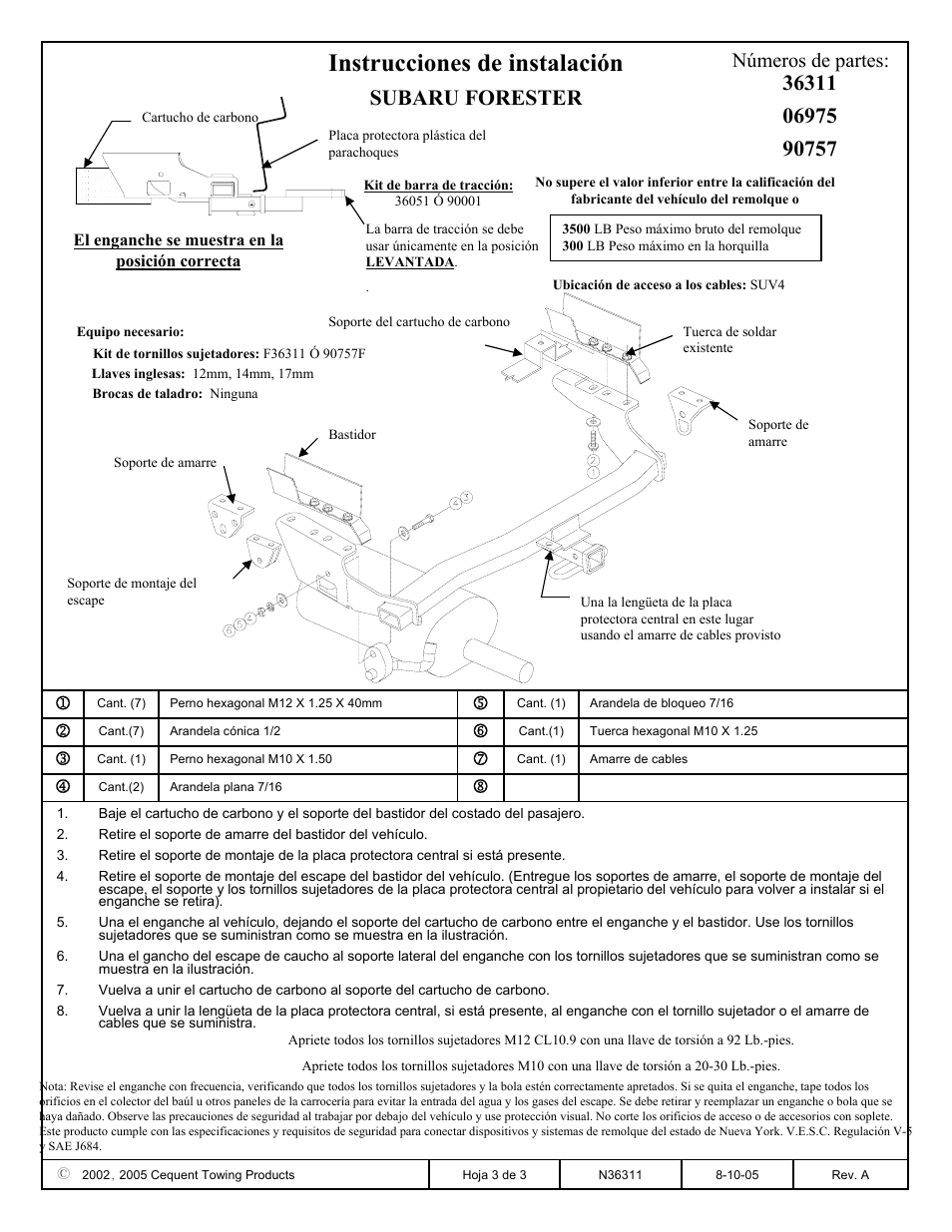 Instrucciones de instalación, Subaru forester, Números de partes | Draw-Tite 36311 FRAME HITCH User Manual | Page 3 / 3