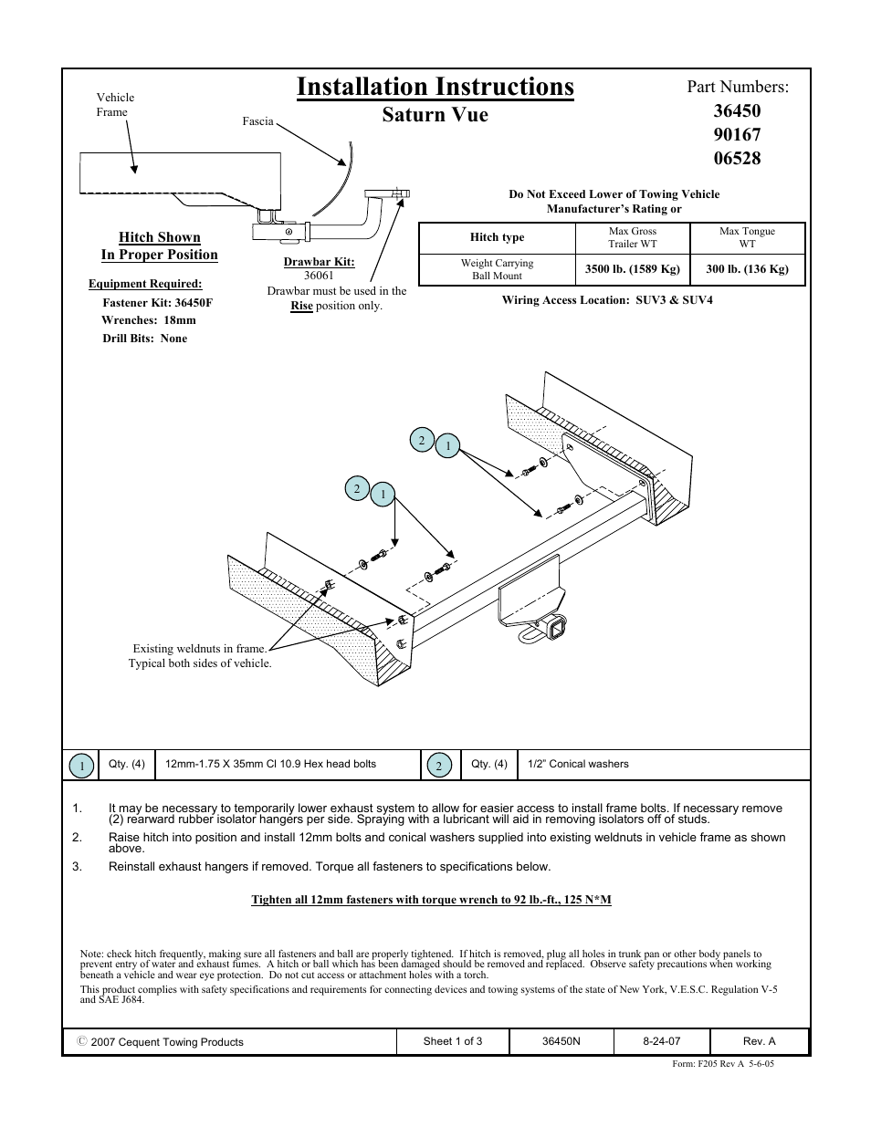 Draw-Tite 36450 FRAME HITCH User Manual | 3 pages