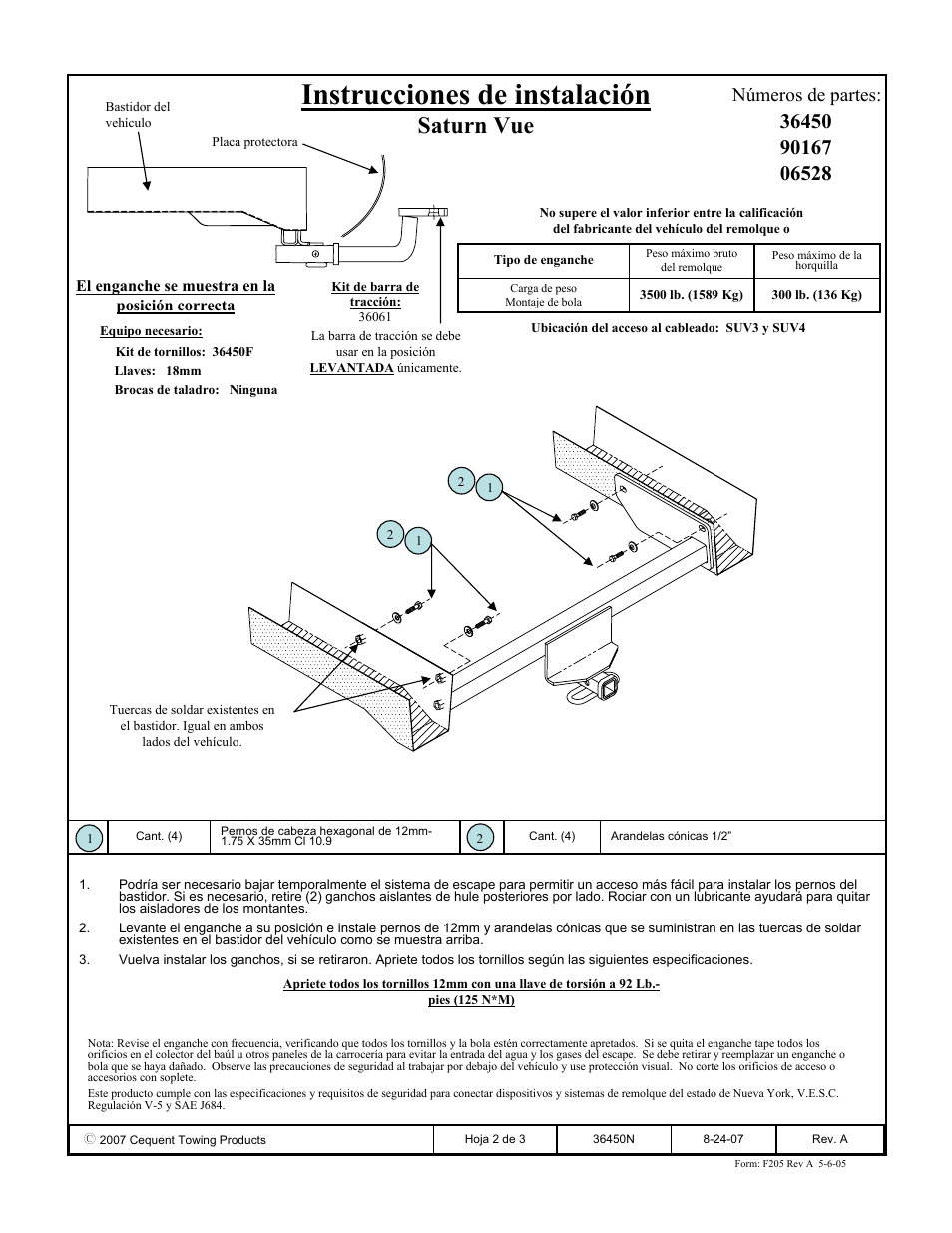 Instrucciones de instalación, Saturn vue, Números de partes | Draw-Tite 36450 FRAME HITCH User Manual | Page 2 / 3