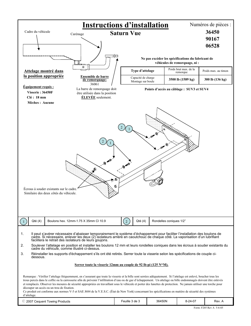 Instructions d’installation, Saturn vue, Numéros de pièces | Draw-Tite 36450 FRAME HITCH User Manual | Page 3 / 3