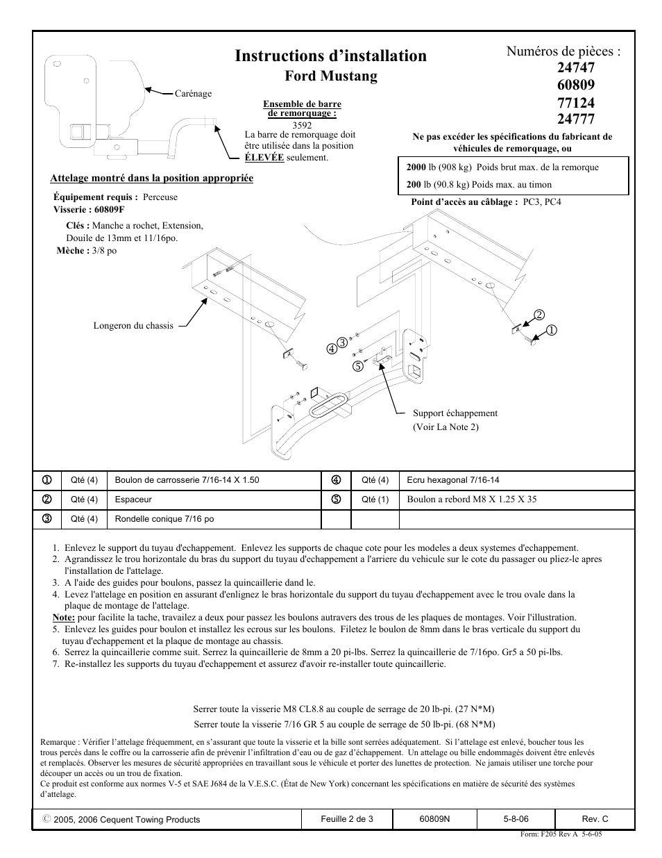 Instructions d’installation, Ford mustang, Numéros de pièces | Draw-Tite 24747 SPORTFRAME HITCH User Manual | Page 2 / 3