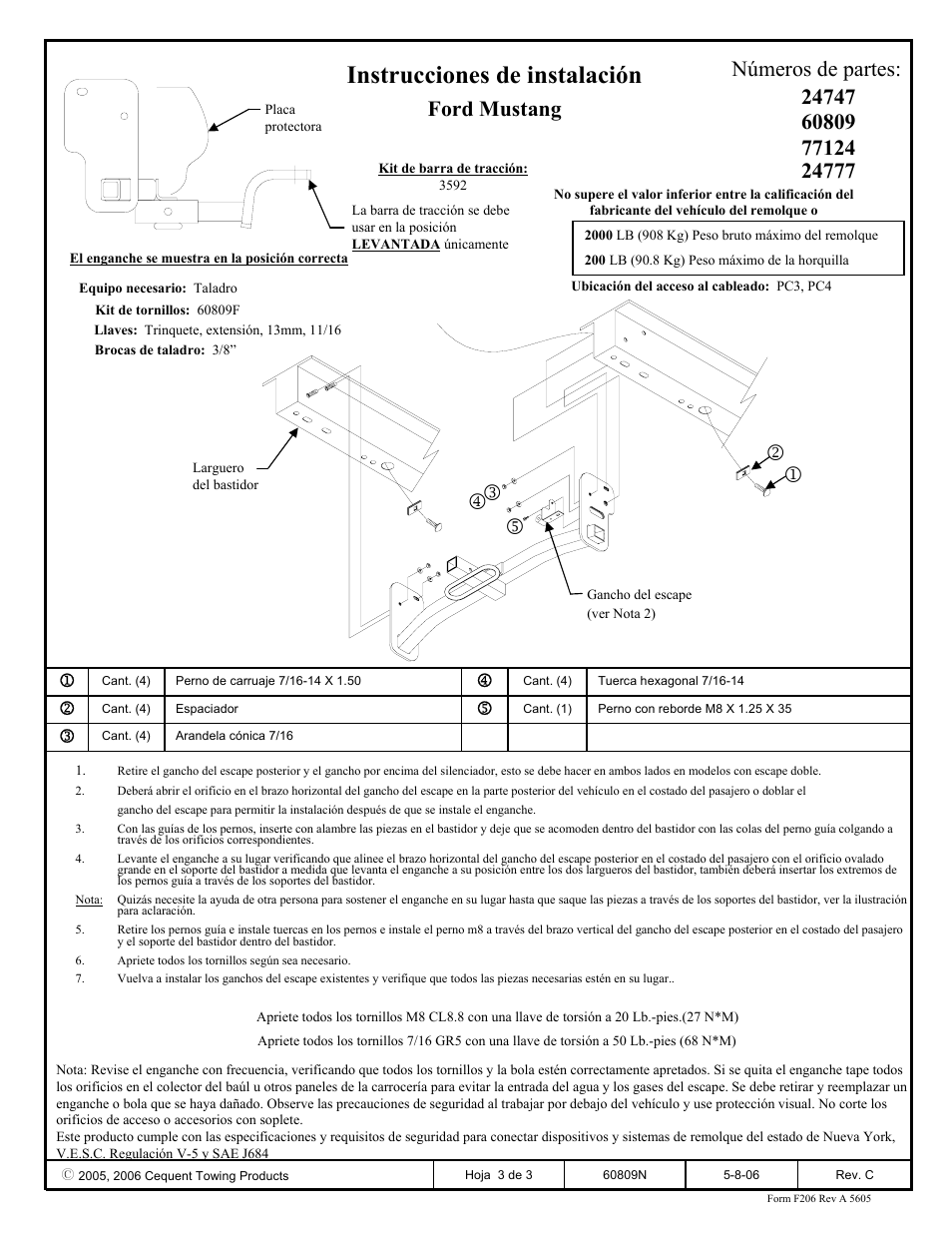 Instrucciones de instalación | Draw-Tite 24747 SPORTFRAME HITCH User Manual | Page 3 / 3