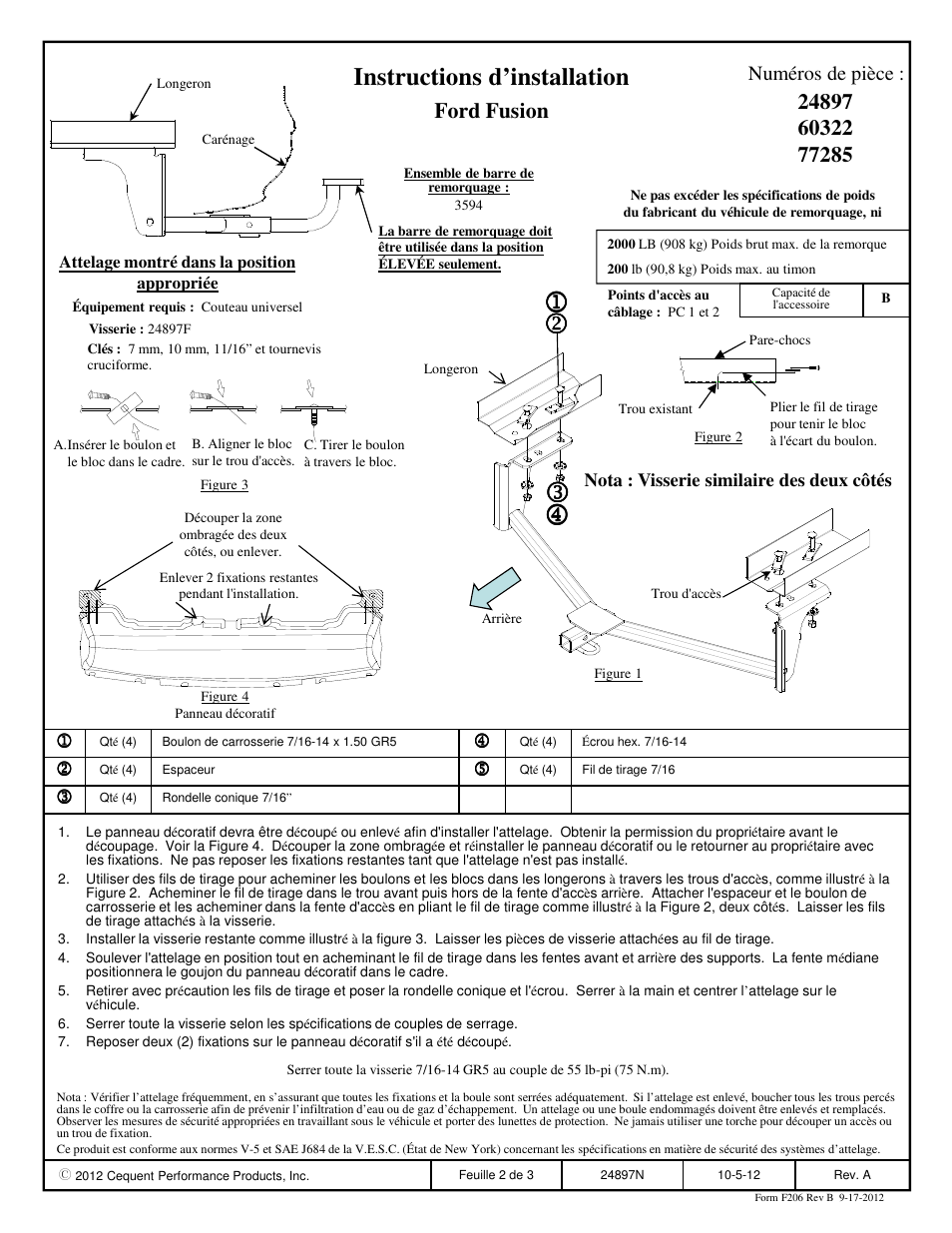 Instructions d’installation, Ford fusion | Draw-Tite 24897 SPORTFRAME HITCH User Manual | Page 2 / 3