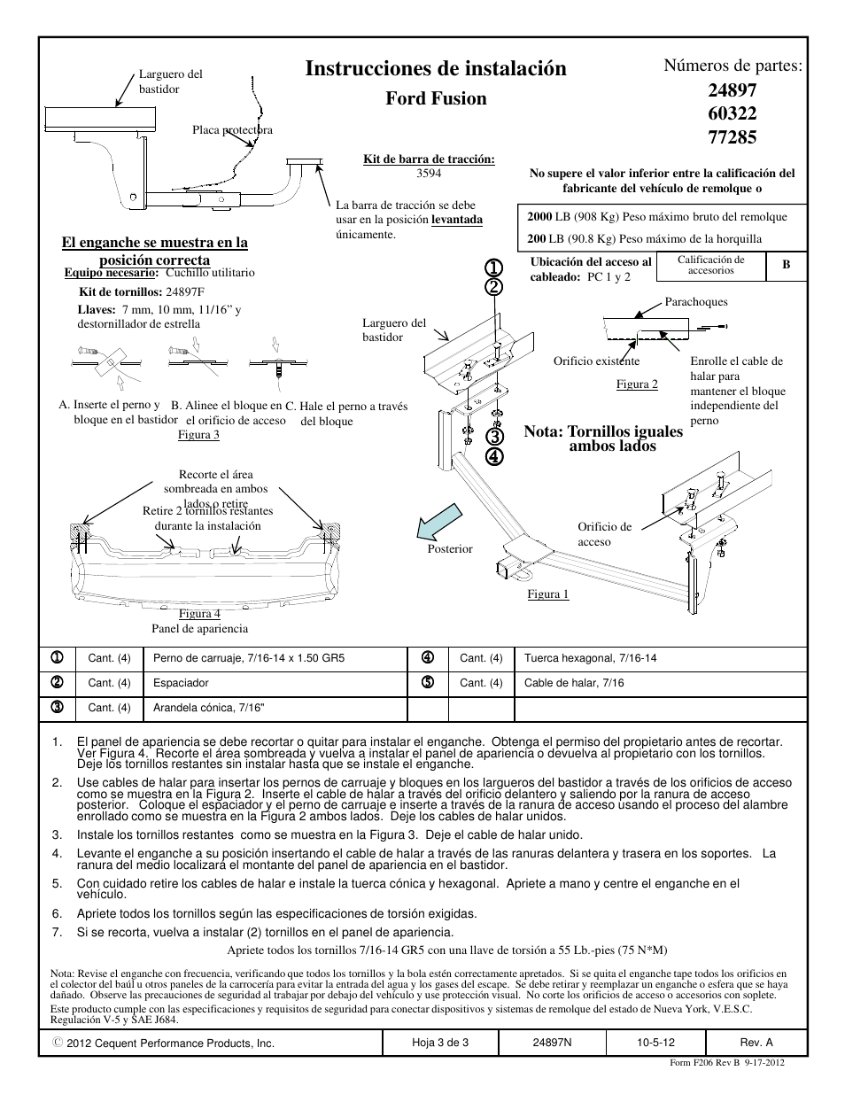 Instrucciones de instalación, Ford fusion, Números de partes | Draw-Tite 24897 SPORTFRAME HITCH User Manual | Page 3 / 3