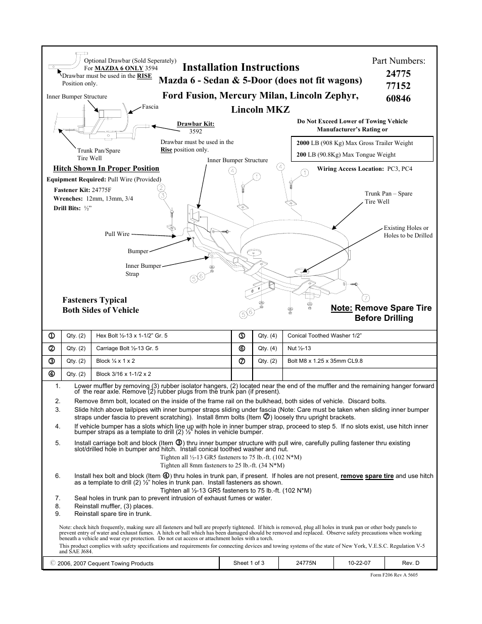 Draw-Tite 24775 SPORTFRAME HITCH User Manual | 3 pages