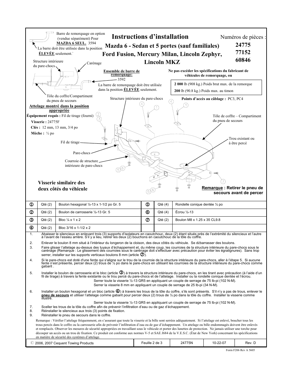 Instructions d’installation, Numéros de pièces | Draw-Tite 24775 SPORTFRAME HITCH User Manual | Page 2 / 3