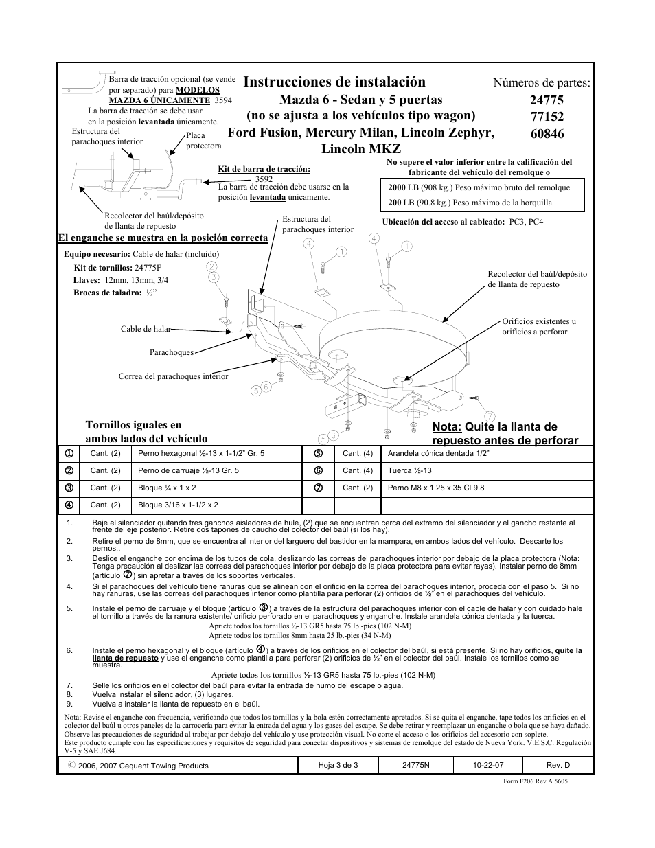 Instrucciones de instalación, Números de partes | Draw-Tite 24775 SPORTFRAME HITCH User Manual | Page 3 / 3