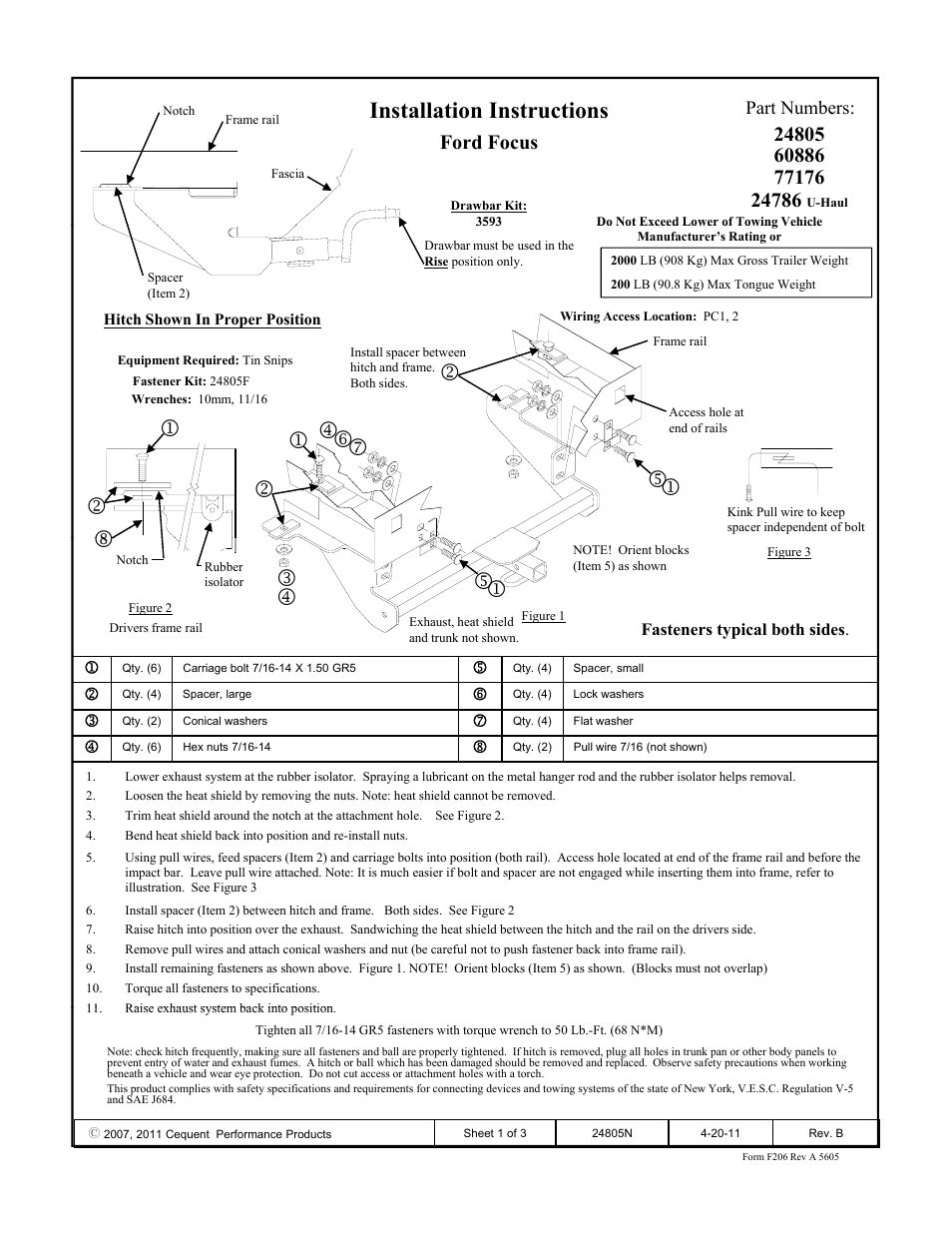 Draw-Tite 24805 SPORTFRAME HITCH User Manual | 3 pages